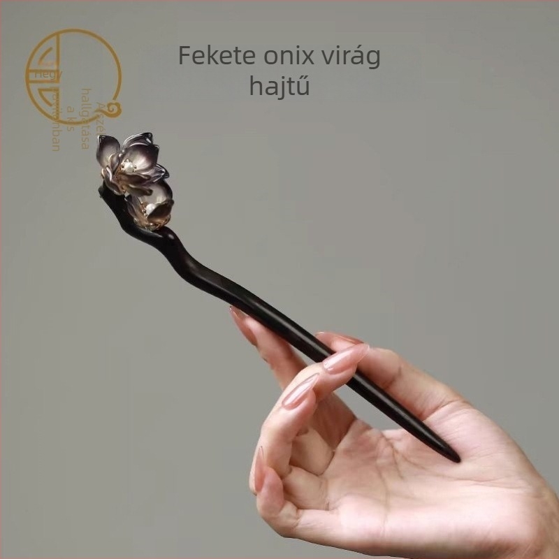 Ebonfából készült hajtű virágmotívummal, vintage stílus, fejfedő kiegészítő, 2025 tavaszi kiadás