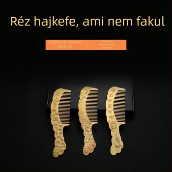 Sárgaréz hajkefe páva motívummal és hat szóból álló mantra, etnikus női stílus, természetes sárgaréz felület