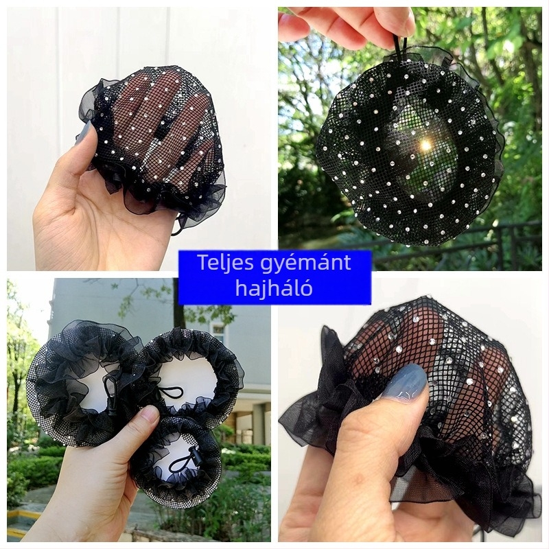 Csipkés hajháló copfhoz, zsinórral és gombbal — retro stílus latin tánchoz, teljes gyémántos, rendkívül fényes