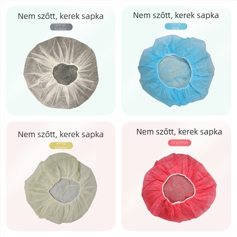 Egyszer használatos PP nem szőtt kör alakú sapka lélegző nyílásokkal; por elleni védelem és hajhullás megelőzése; alkalmas élelmiszer-gyártásra és tiszta helyiségekre; 10/20/30 g/m²; 100 darabos csomag.