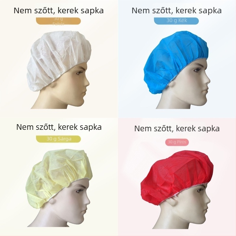 Egyszer használatos PP nem szőtt kör alakú sapka lélegző nyílásokkal; por elleni védelem és hajhullás megelőzése; alkalmas élelmiszer-gyártásra és tiszta helyiségekre; 10/20/30 g/m²; 100 darabos csomag.