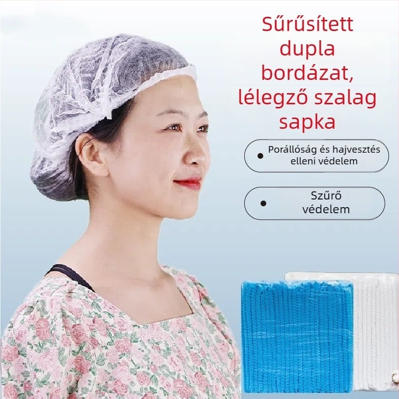 Egyszer használatos nemszövött sapka por- és hajvédelmi tulajdonságokkal, légáteresztő nyílásokkal, élelmiszer-üzemi használatra, testre szabható, 100 db csomagban