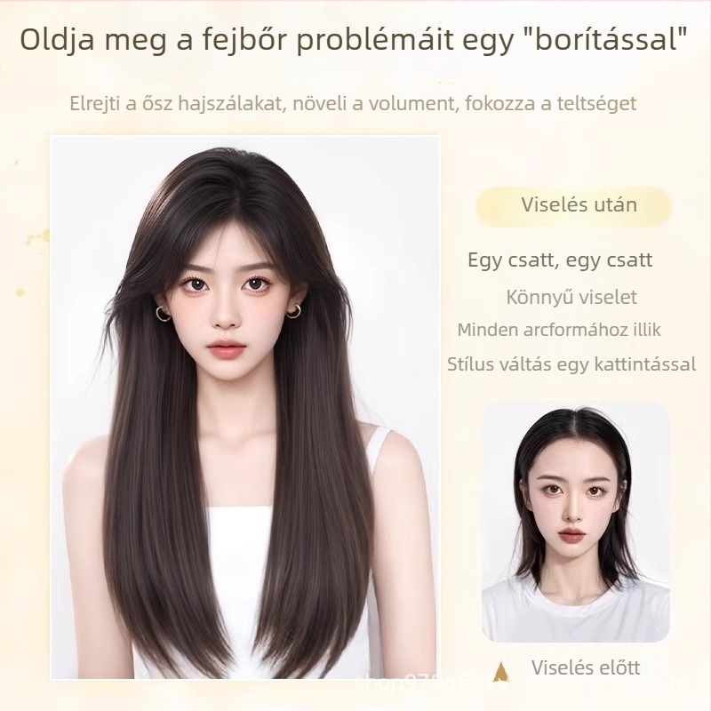 Női paróka, egyenes haj, modell JS0605, fehérje szálból készült haj, feldolgozási mechanizmus