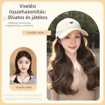 All-in-One parókasapka nőknek — Little Fox baseball sapka parával, középhosszú haj, hosszú göndör hajú frufruval, hőálló szálak, egyszerű stílus, teljes fejfedés, nem alkalmas hővel történő festésre