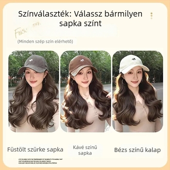 All-in-One parókasapka nőknek — Little Fox baseball sapka parával, középhosszú haj, hosszú göndör hajú frufruval, hőálló szálak, egyszerű stílus, teljes fejfedés, nem alkalmas hővel történő festésre