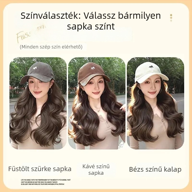All-in-One parókasapka nőknek — Little Fox baseball sapka parával, középhosszú haj, hosszú göndör hajú frufruval, hőálló szálak, egyszerű stílus, teljes fejfedés, nem alkalmas hővel történő festésre