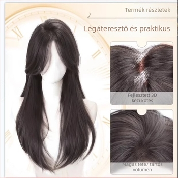 Női paróka – hosszú egyenes haj, kézzel szőtt csipke, láthatatlan felső rész, hőálló rostok