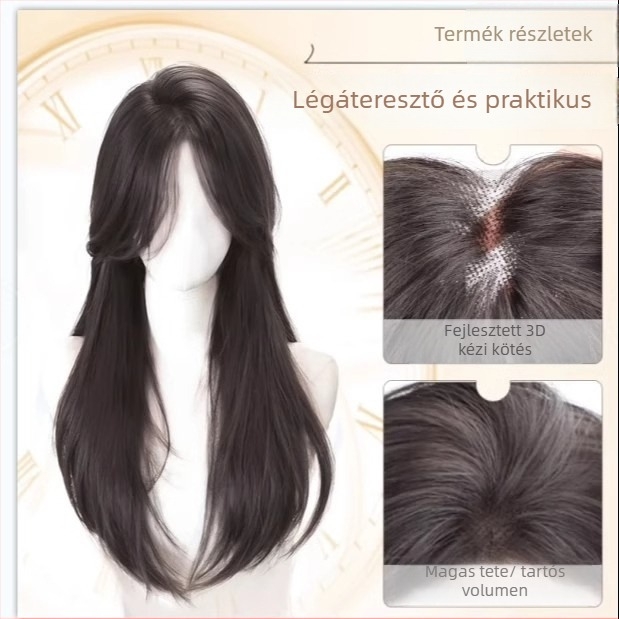 Női paróka – hosszú egyenes haj, kézzel szőtt csipke, láthatatlan felső rész, hőálló rostok