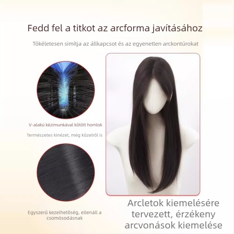 Női paróka – hosszú egyenes haj, kézzel szőtt csipke, láthatatlan felső rész, hőálló rostok