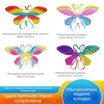 Gyerekeknek szóló pillangó szárnyas lufi — hátulról akasztható, gradient színű alumíniumfóliás szárnyak, fotókellék