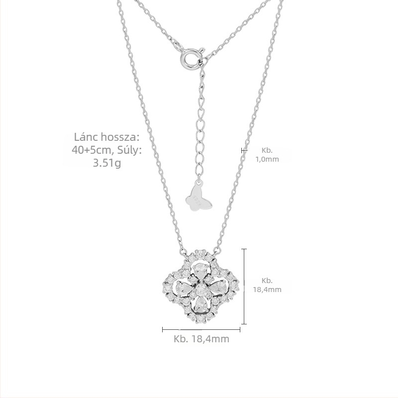 S925 sterling ezüst négylevelű lóhere medálos nyaklánc, cirkóniával, kereszt alakú lánccal, súly 3,51 g