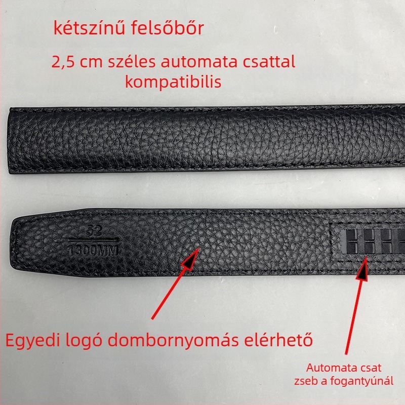 Női valódi bőrből készült öv, kétoldalas felső rétegű marhabőr, csat nélkül, kampóval záródó, embossált felület