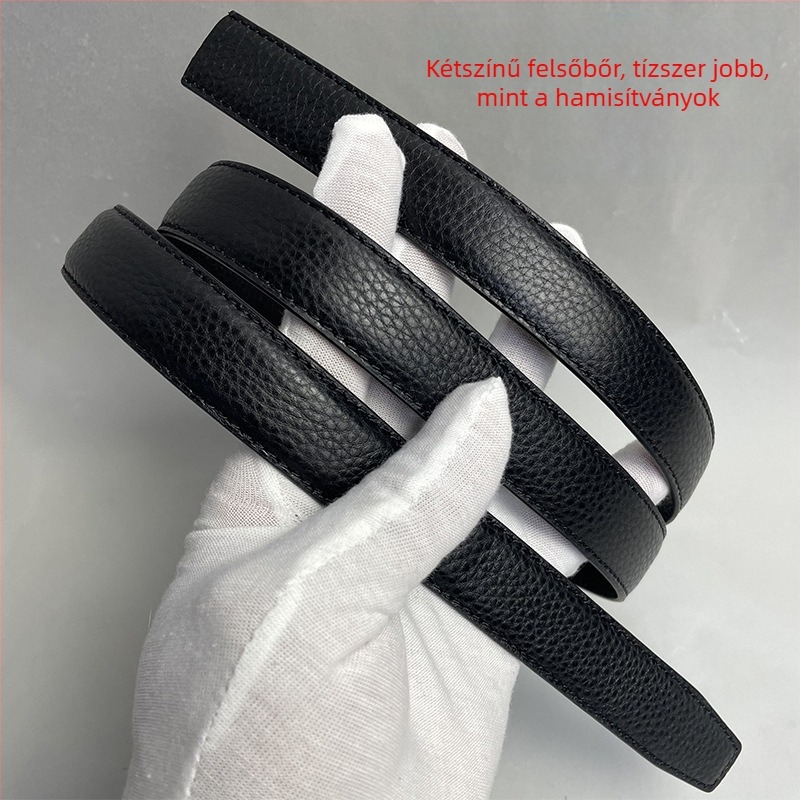 Női valódi bőrből készült öv, kétoldalas felső rétegű marhabőr, csat nélkül, kampóval záródó, embossált felület