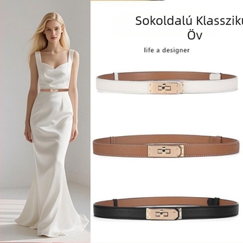 PU bőr vékony öv ötvözet csattal, gombos zárás, 2 cm alatti szélesség