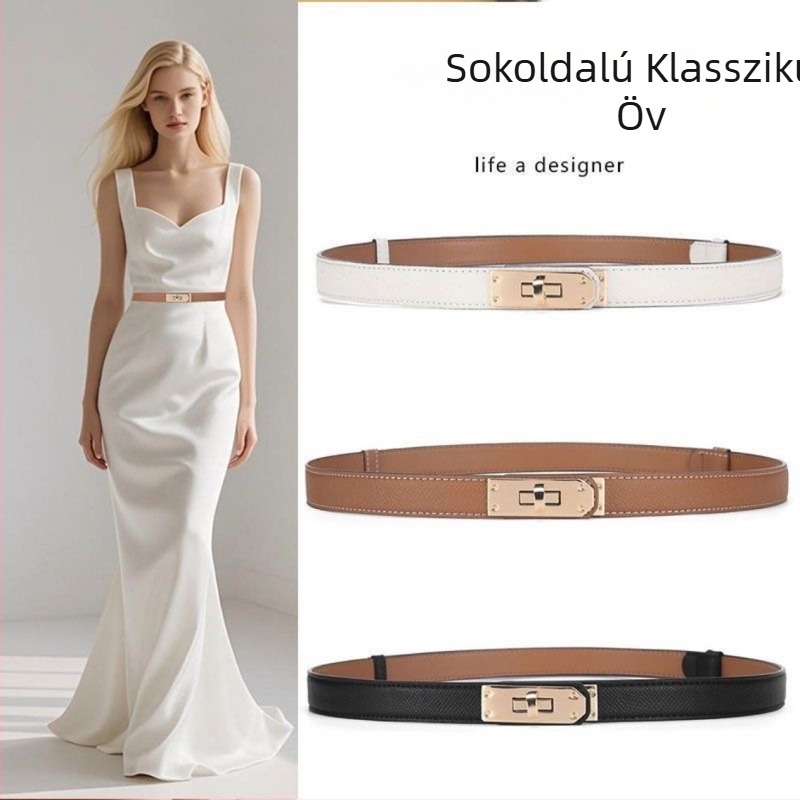 PU bőr vékony öv ötvözet csattal, gombos zárás, 2 cm alatti szélesség