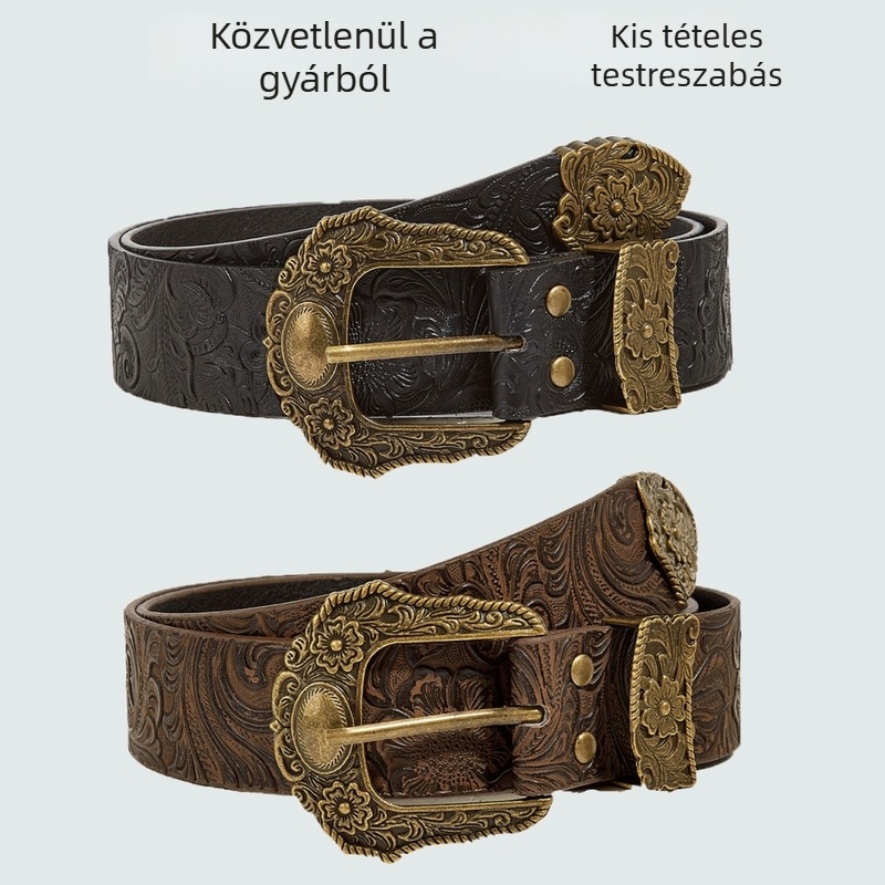 PU bőr öv farmerhez, kiváló minőségű, Y2K bohém etnikus stílus, sokoldalú öv tűs csattal, 2–4 cm szélesség, méret S, domborított és elektropolírozott felület