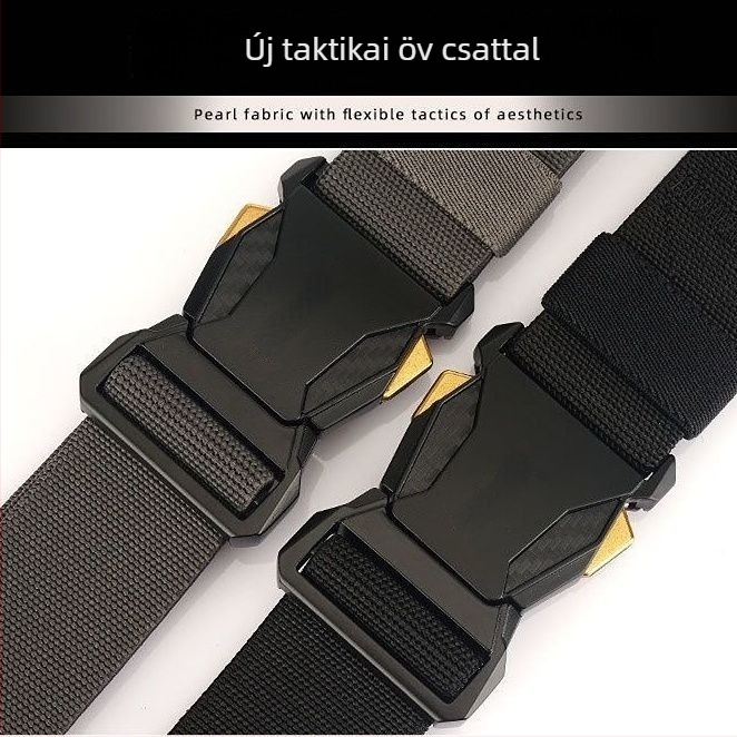 Uniszex nylon kanvas öv, ötvözetes automata csattal, szélesség 2-4 cm, hossz egy körrel, elektroplakált felülettel