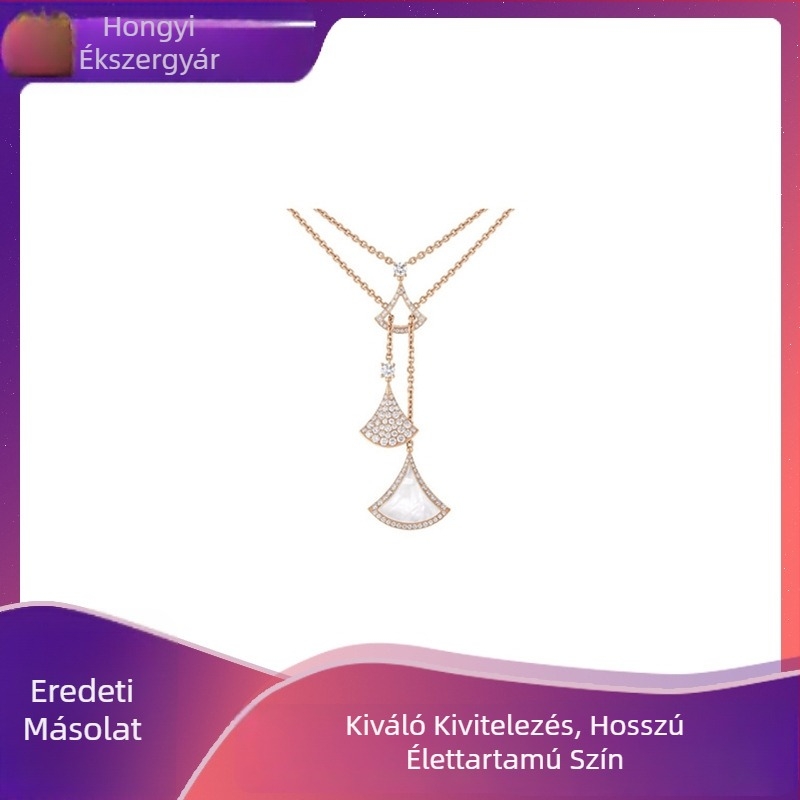 Női V-alakú arany fan medálos nyaklánc, kétszintű, rozé arany bevonat, fehér kagyló bojt