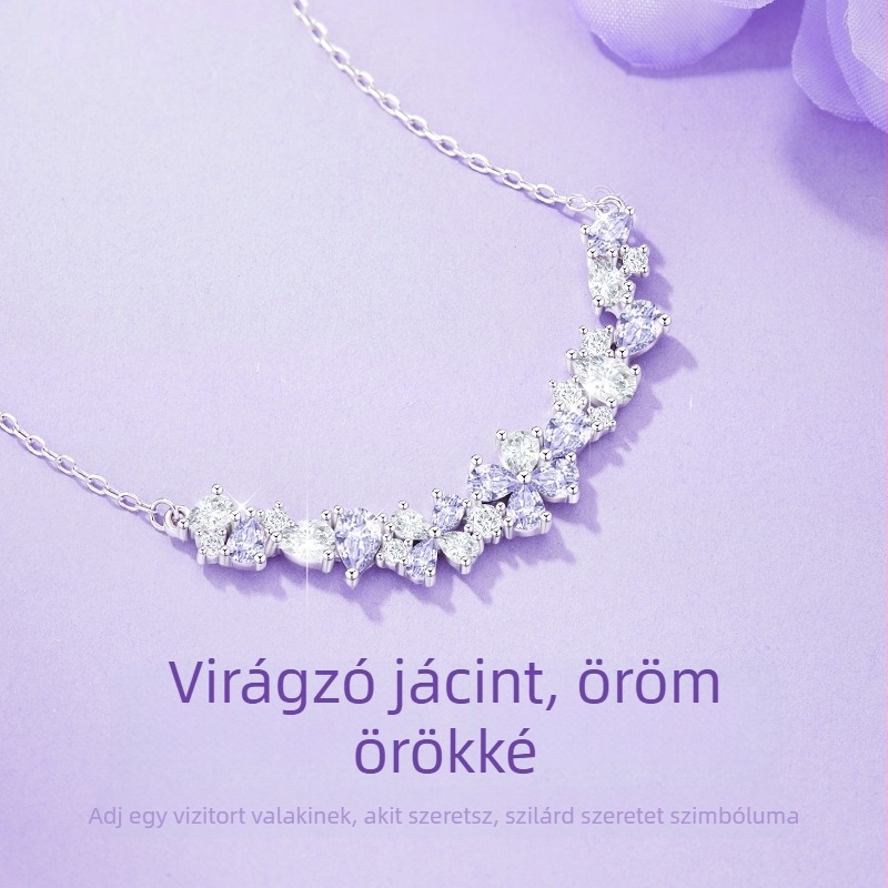 S925 ezüst nyaklánc cirkóniával díszített virág medállal, kereszt alakú lánccal, könnyed luxus stílus