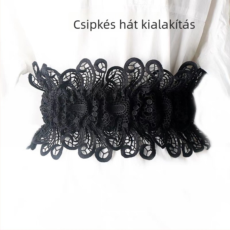 Csipkés, széles derékszíj csattal, női elasztikus nylon girdle, lazább stílus, hossz 60-80 cm