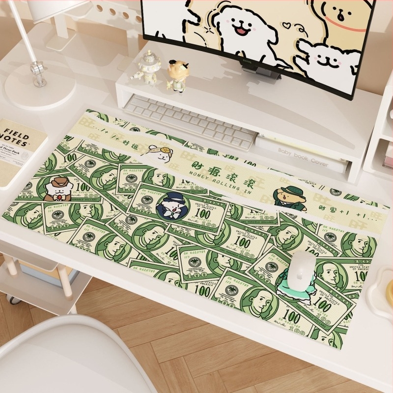 Rajzfilmszerű kiskutya asztali pad és egérpad, extra nagy, 40×100 cm, csúszásmentes, sárga bőr