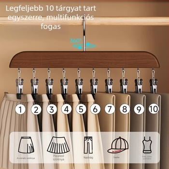 Fából készült 10-clipes ruhatartó, többfunkciós gardróbszervező, modell FFF2DD, alkalmas ágyneműhöz, fehérneműhöz, nadrágokhoz, zoknikhoz, ingekhez, sálakhoz és nyakkendőkhöz