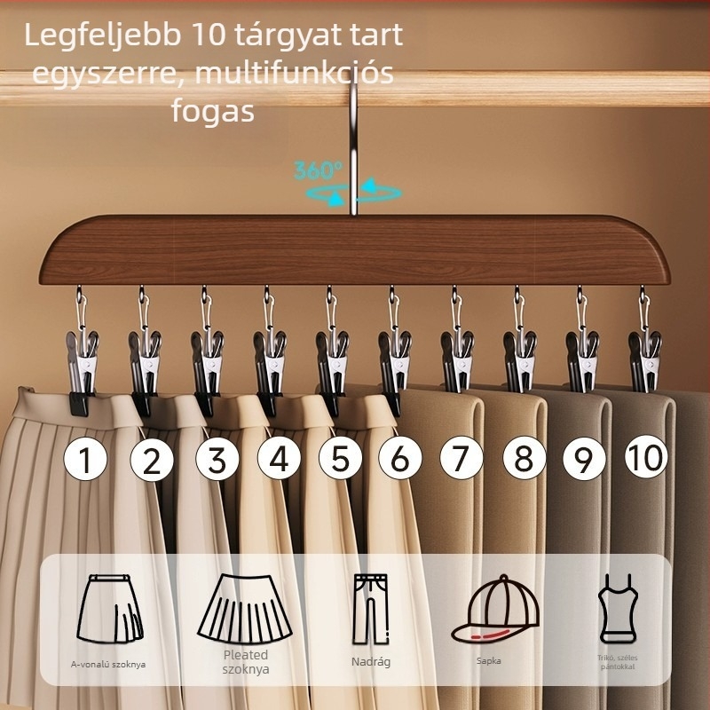 Fából készült 10-clipes ruhatartó, többfunkciós gardróbszervező, modell FFF2DD, alkalmas ágyneműhöz, fehérneműhöz, nadrágokhoz, zoknikhoz, ingekhez, sálakhoz és nyakkendőkhöz