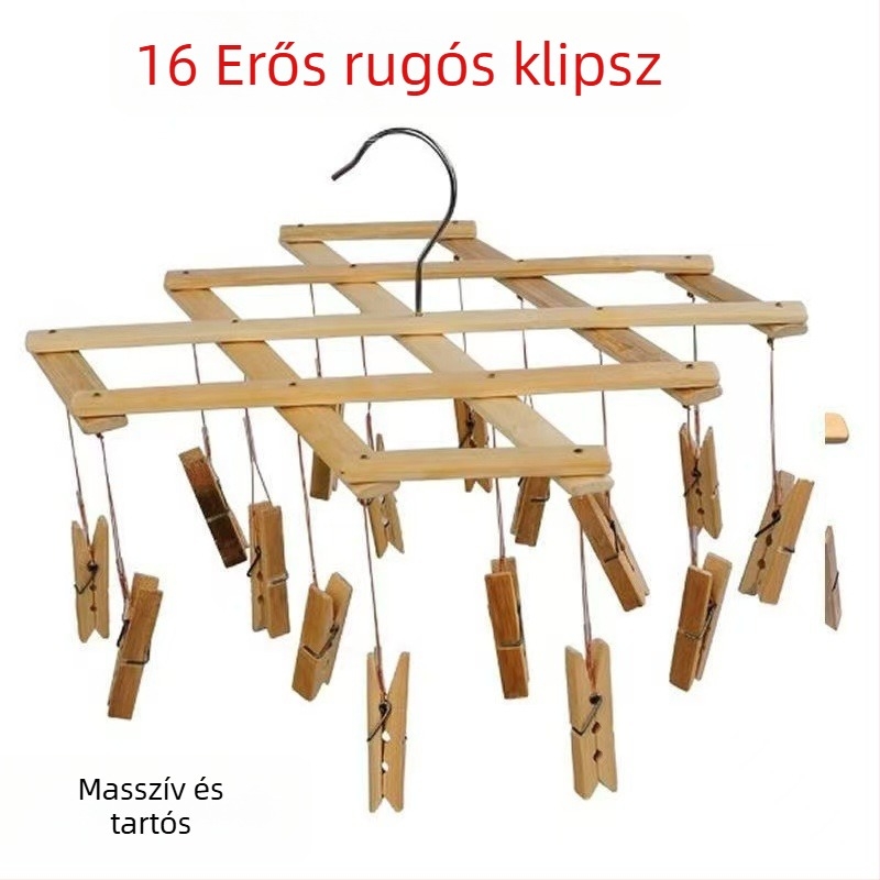 16 klipszes bambusz teleszkópos ruhaszárító állvány, összecsukható és húzható, ideális ruhákhoz, törölközőkhöz és zoknikhoz