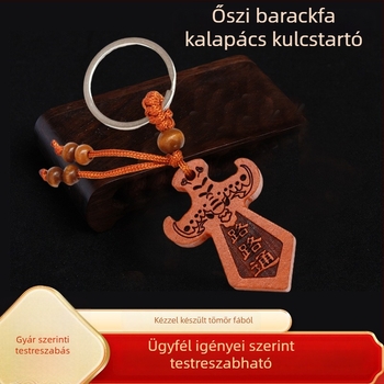 Őszibarackfa kulcstartó kard medállal, talizmán, faragott fa, kínai stílus, Cheng Xuan márka