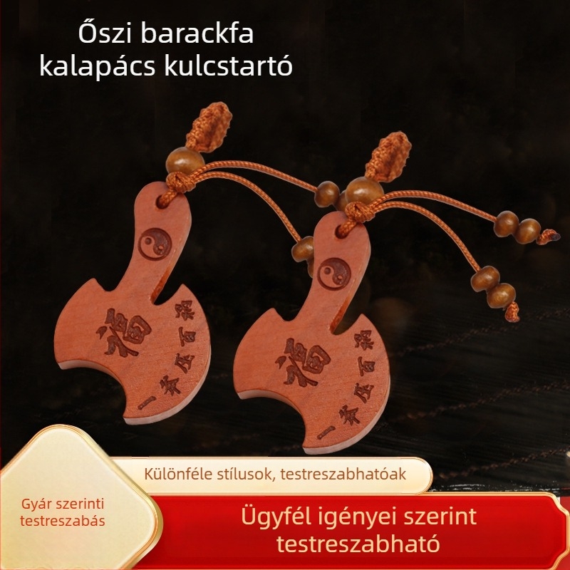 Őszibarackfa kulcstartó kard medállal, talizmán, faragott fa, kínai stílus, Cheng Xuan márka