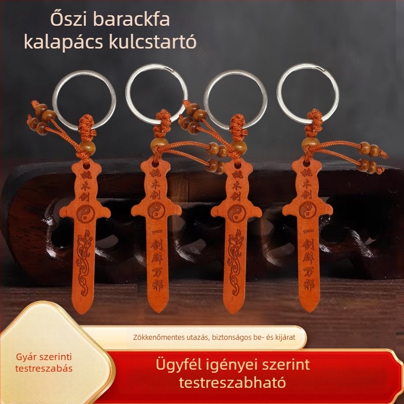 Őszibarackfa kulcstartó kard medállal, talizmán, faragott fa, kínai stílus, Cheng Xuan márka