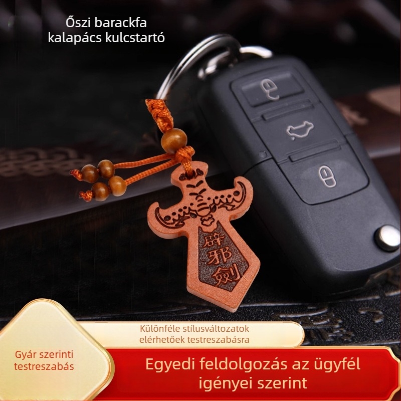 Őszibarackfa kulcstartó kard medállal, talizmán, faragott fa, kínai stílus, Cheng Xuan márka