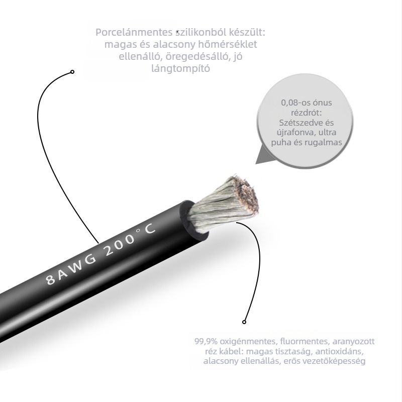 8 AWG puha szilikon huzal Li-ion akkumulátorokhoz, drónokhoz és modell repülőgépekhez – korrózióálló