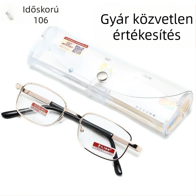 Időseknek szóló olvasószemüveg, négyszögletes keret, műgyanta lencsék, fém keret