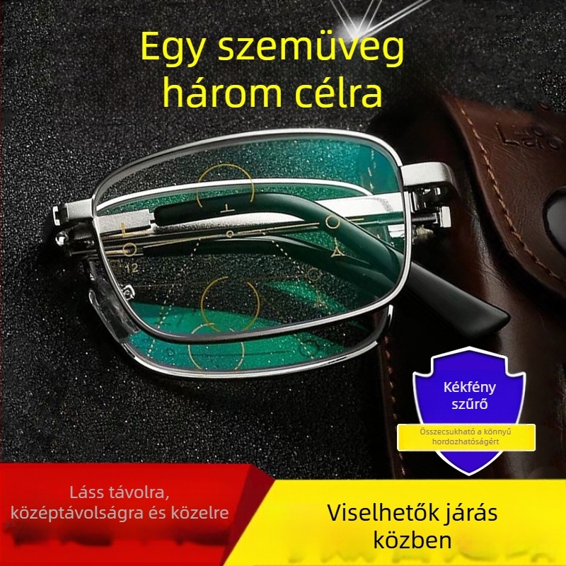 Színváltó összecsukható olvasószemüveg progresszív multifokális lencsékkel távoli és közel látáshoz, uniszex, kékfény elleni védelem