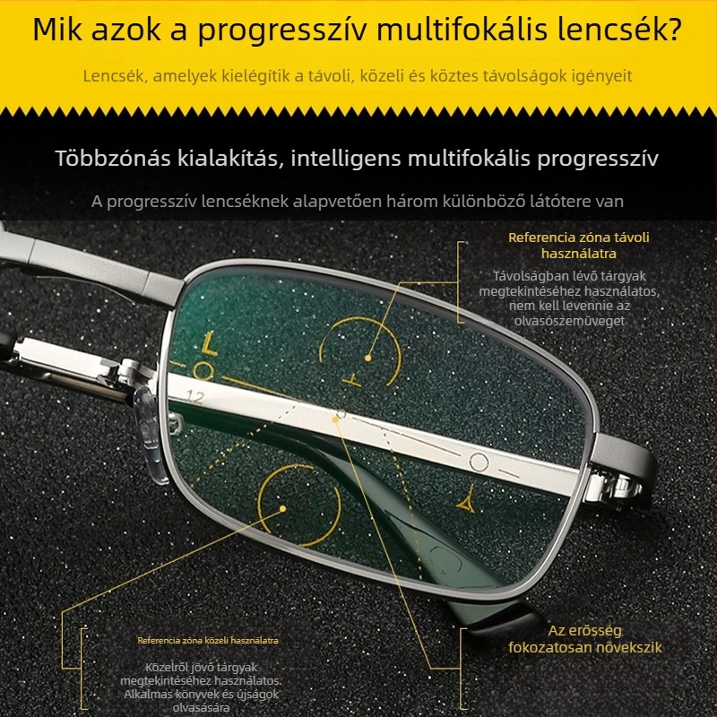 Színváltó összecsukható olvasószemüveg progresszív multifokális lencsékkel távoli és közel látáshoz, uniszex, kékfény elleni védelem