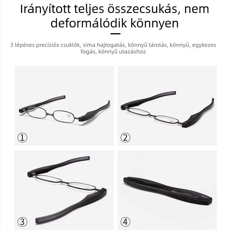 Teljes keretű olvasó szemüveg, 360°-os forgó, összecsukható Cross-Mirror dizájn, HD lencsék, kompakt és hordozható, forgás tartomány 100–350°