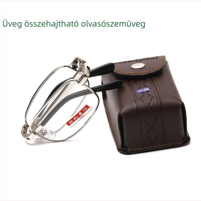 Összecsukható olvasószemüveg üveg lencsékkel, keret TR+fém, teljes keret, felnőtteknek, kerek arcformához