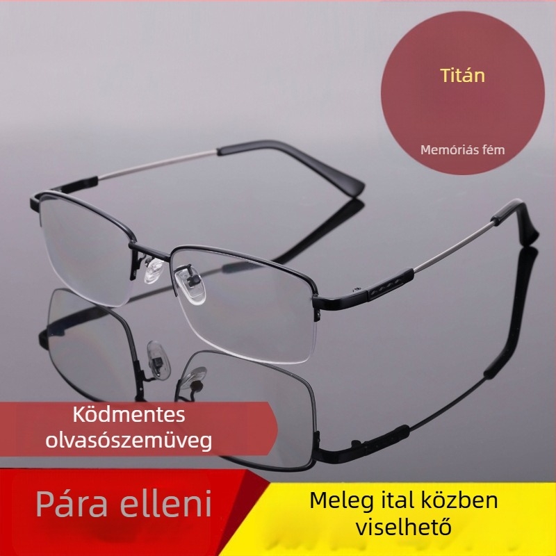Olvasó szemüveg, félkeretes kialakítás, keret memory titanium és PC lencsék, párásodás elleni, kékfény elleni védelem és UV védelem