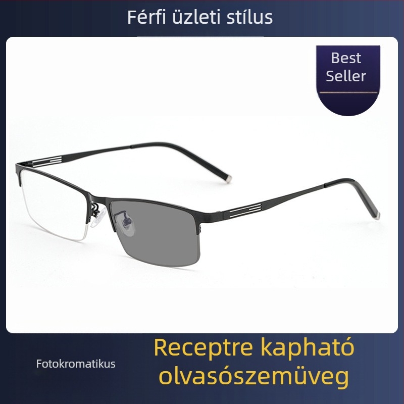 Félkeretes szemüveg, színváltó lencsékkel, ötvözet keret, gyanta lencsék, rövidlátás és presbyopia; napszemüvegként is használható