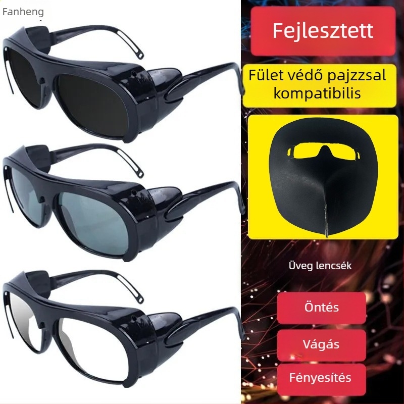 Hegesztő védő szemüveg állítható kerettel, üvegszemüveg lencsékkel, csillanásgátló és sugárzás elleni védelemmel, csiszoláshoz és vágáshoz
