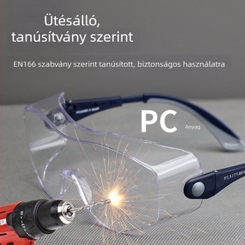 Védő szemüveg, PC anyagból, modell EE-16; funkciók: por-, ütésálló, fröccsenő víz elleni védelem