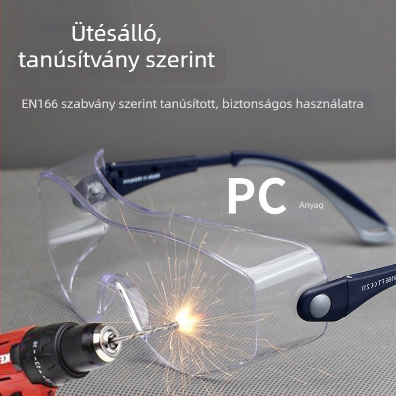 Védő szemüveg, PC anyagból, modell EE-16; funkciók: por-, ütésálló, fröccsenő víz elleni védelem