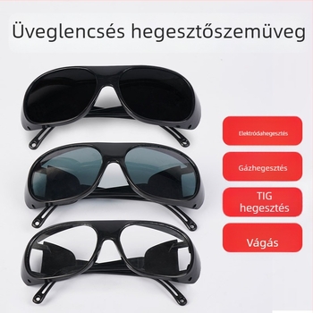 Hegesztéshez tervezett védőszemüveg, anti‑fényvisszaverő és anti‑fröccsenés védelem, polykarbonát lencsék, fekete keret, három színű lencse opcióval, ütésálló.