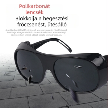 Hegesztéshez tervezett védőszemüveg, anti‑fényvisszaverő és anti‑fröccsenés védelem, polykarbonát lencsék, fekete keret, három színű lencse opcióval, ütésálló.
