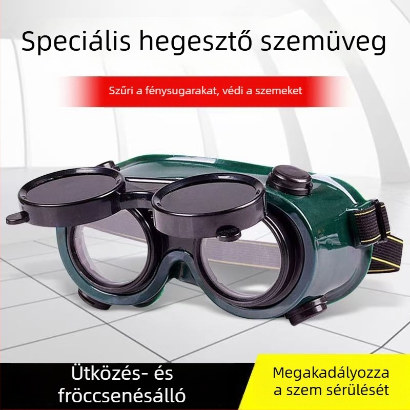 Szemüveg hegesztéshez, fejre illeszthető, fröccsenés elleni védelem, puha ragasztókeret, átlátszó lencsék, ütésálló