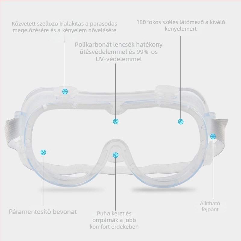 Four-Bead védőszemüveg – páramentesítés, porvédelmi, állítható/elasztikus pánt, lencse 2.0 mm, fényáteresztés 99%, keret poliﬁfibra