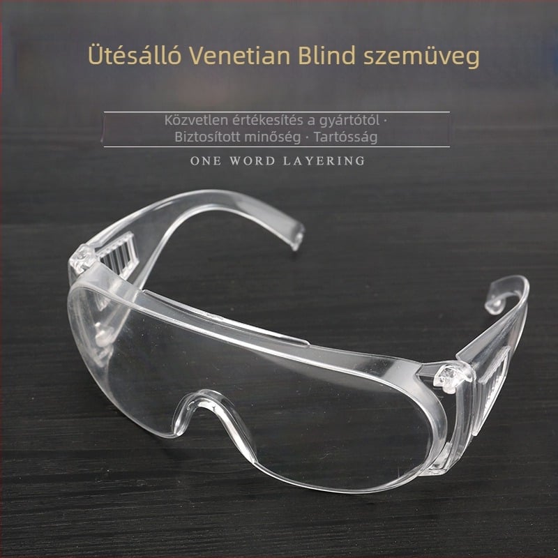 PC anyagú védőszemüveg, átlátszó lencse, normál lencse vastagság, normál fényáteresztés, fröccsenés, por és ütés elleni védelem