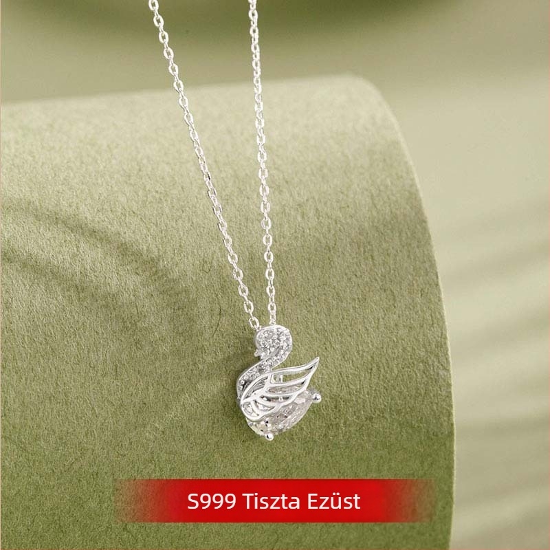 S999 ezüst női nyaklánc – kis hattyú medállal, könnyű luxus, cirkón díszítés, 999 ezüst, 41–50 cm