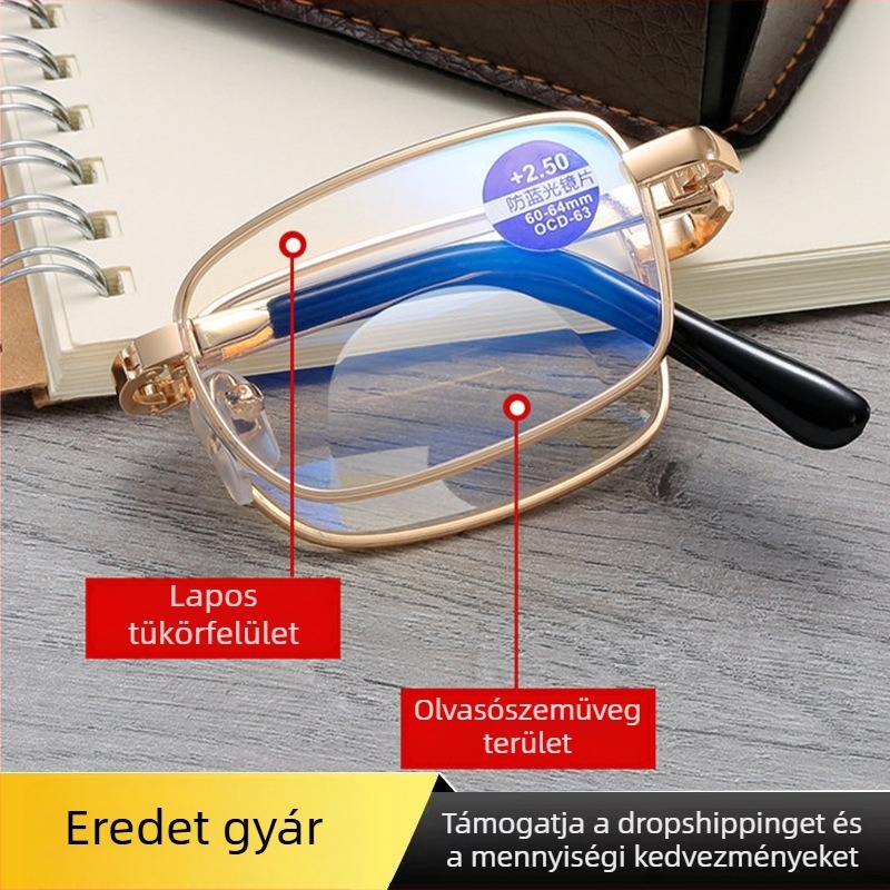 Presbióp olvasó szemüveg kékfény-védelemmel, bifokális lencsék, PC lencsék, fém keret, összecsukható tok